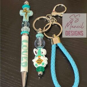 Turquoise Beaded Pen and Keychain Set Easter and Holy Cross Inspiration